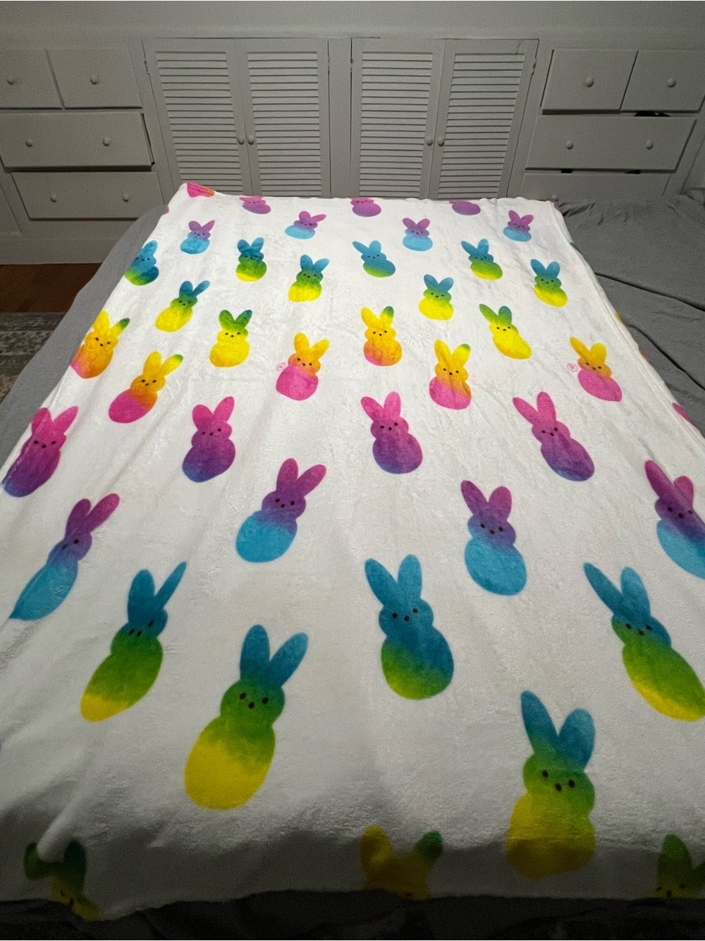 Plush White Kids Throw with Rainbow Bunny Print